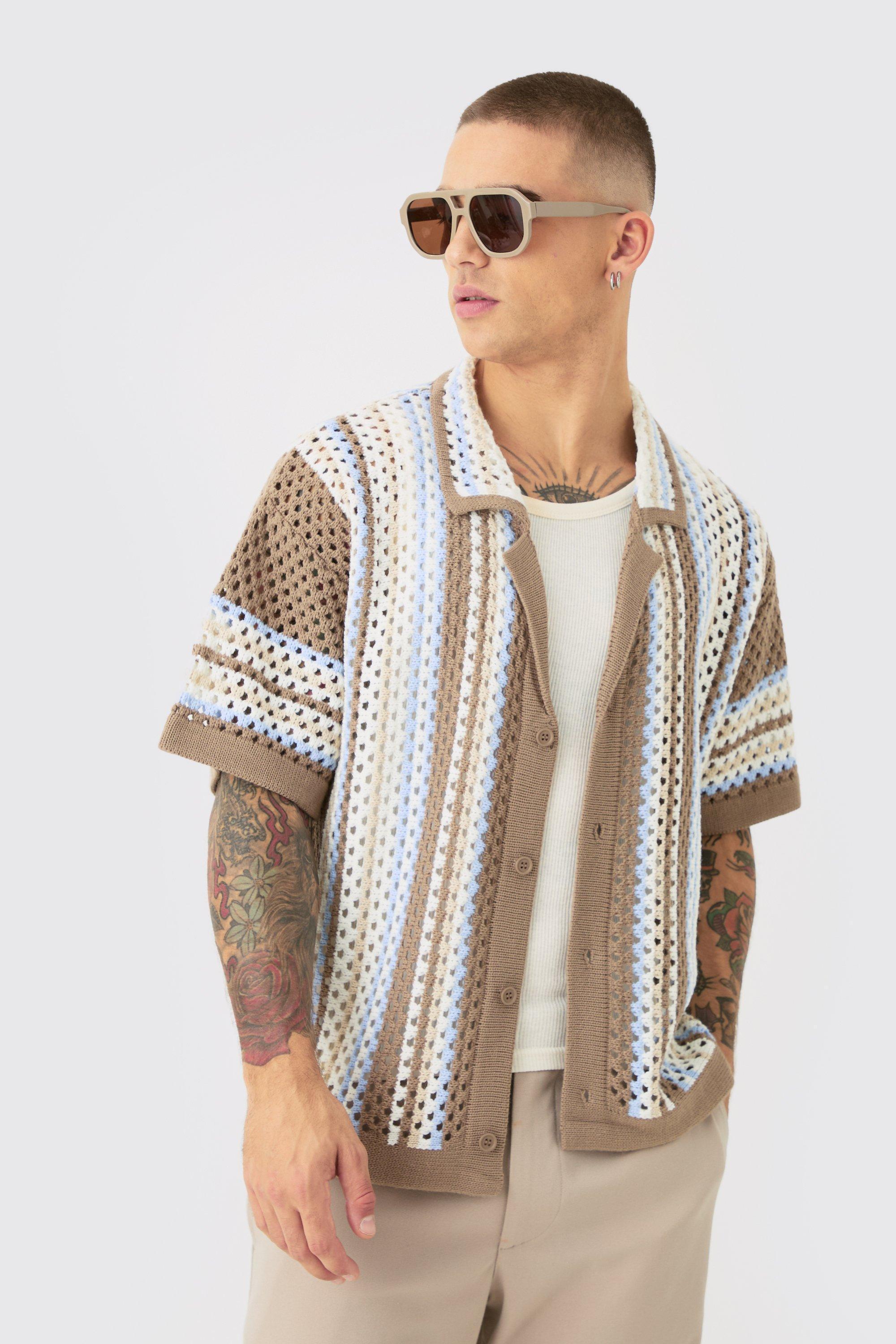 Oversized Boxy Revere Open Knit Knit Stripe Shirt | boohooMAN USA Product Image