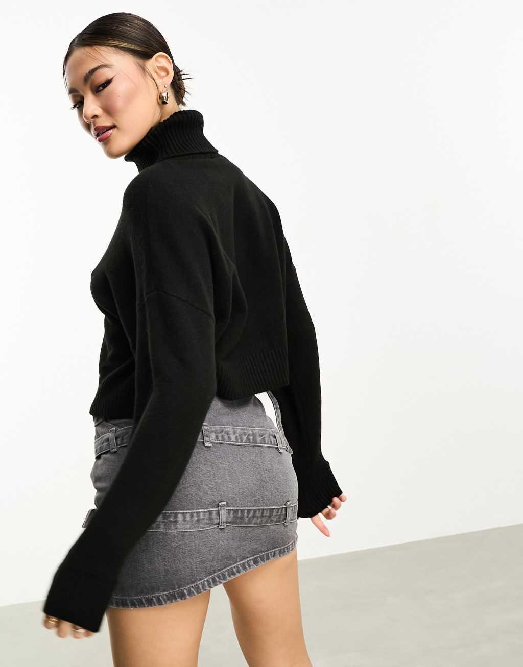 Stradivarius high neck knit sweater in black  Product Image