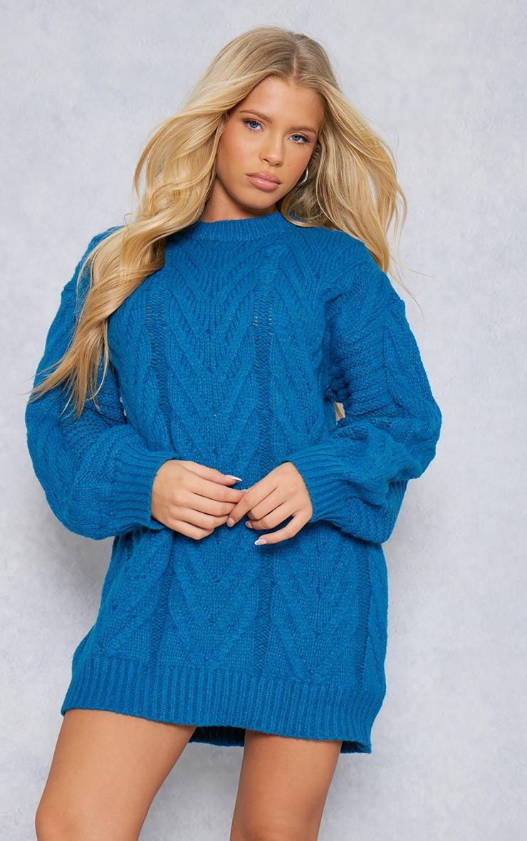 Dark Teal Contrast Cable Knit Sweater Dress Product Image