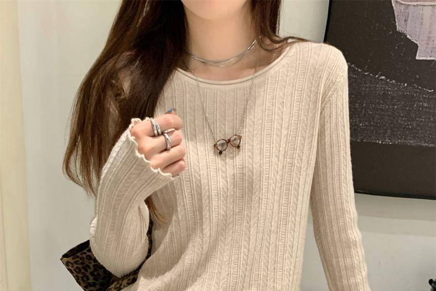 Long Sleeve Round Neck Plain Frill Knit Top Product Image