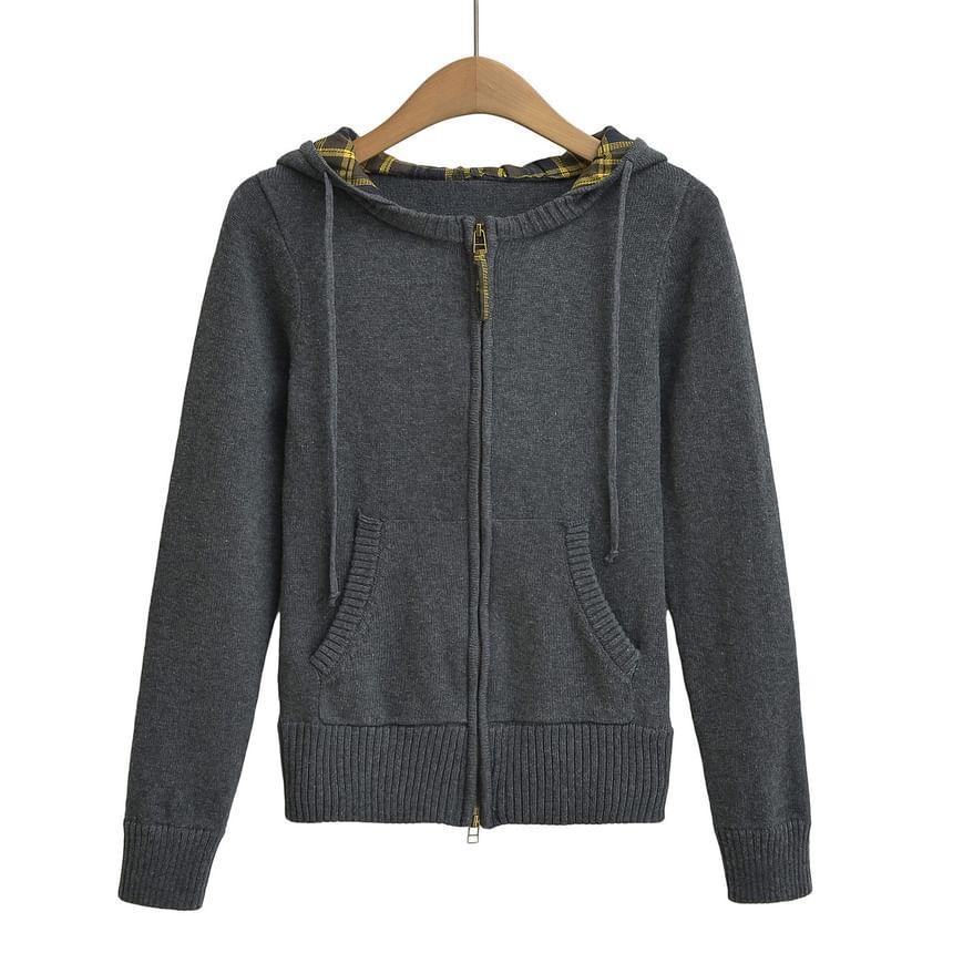 Long Sleeve Plaid Panel Knitted Zip-Up Hooded Jacket Product Image