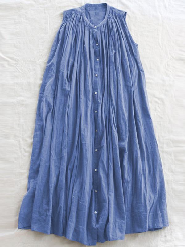 Loose Sleeveless Pleated See-Through Round-Neck Midi Dresses Product Image