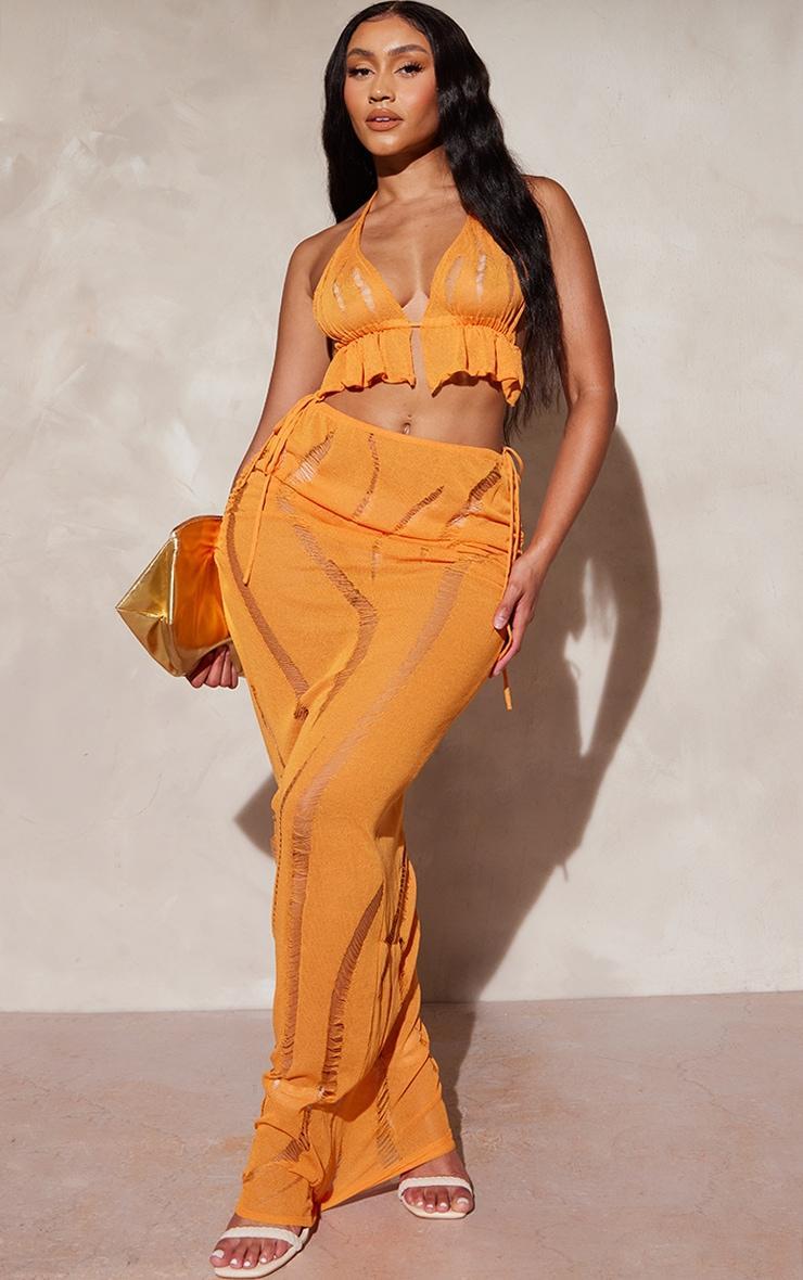 Shape Bright Orange Knit Ladder Detailed Low Rise Ruched Side Maxi Skirt Product Image