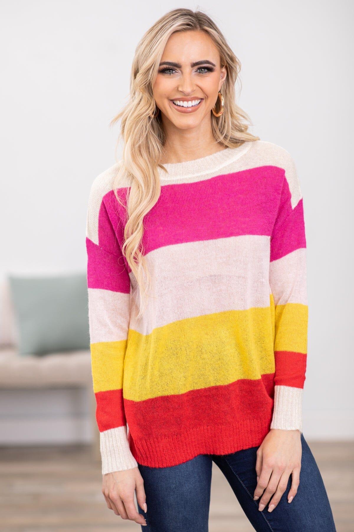 Hot Pink and Yellow Colorblock Sweater Product Image