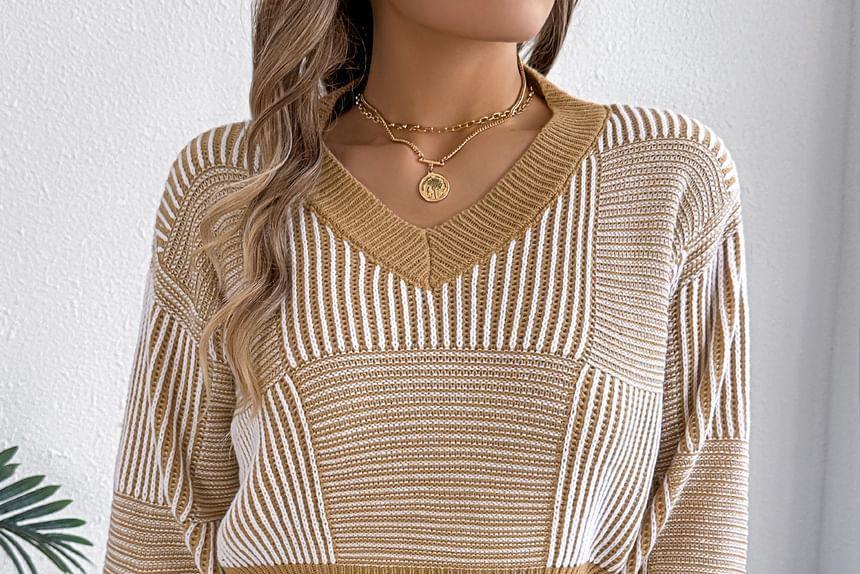 V-Neck Striped Crop Sweater Product Image