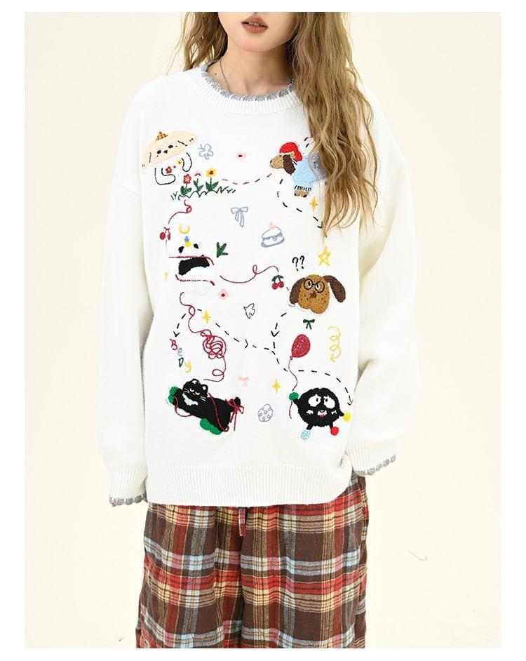 Drop Shoulder Crew Neck Cartoon Embroidered Oversized Sweater Product Image