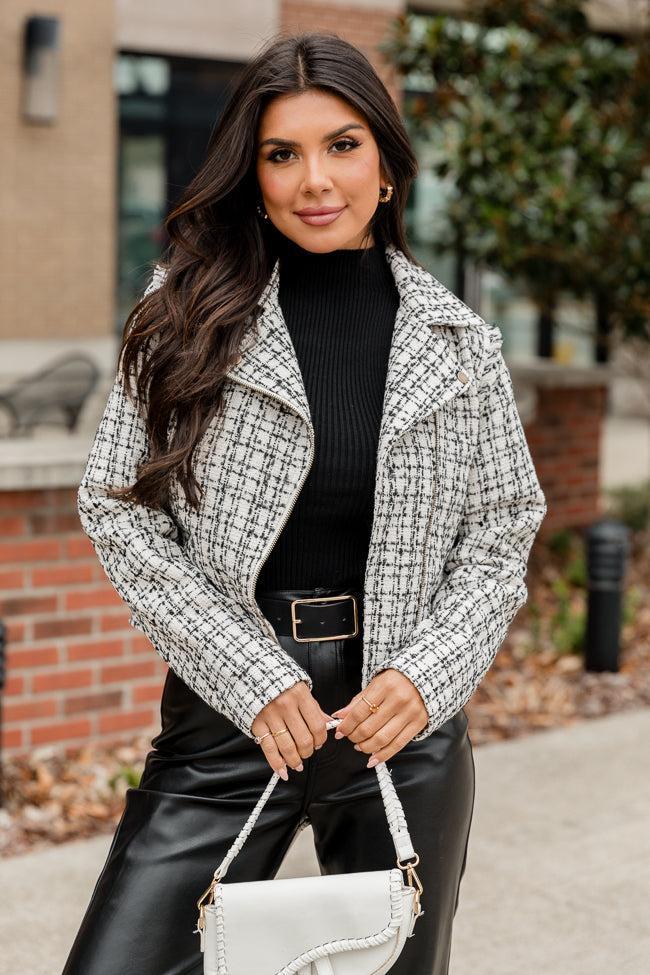 Serious Business Woman Cream and Black Plaid Boucle Tweed Moto Jacket Product Image