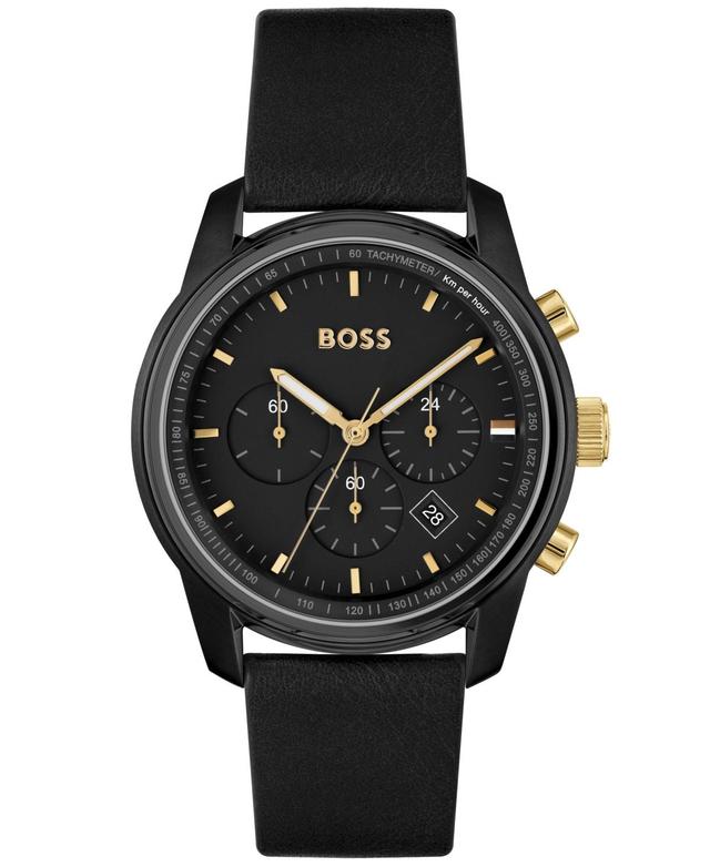 Hugo Boss Mens Trace Black Genuine Leather Strap Watch, 44mm - Black Product Image