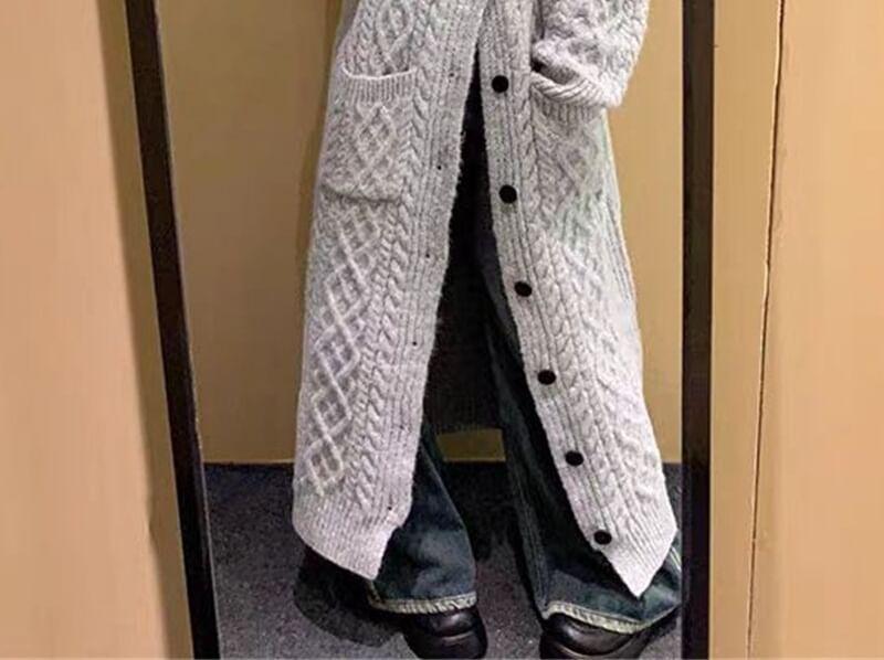 Plain Cable-Knit Maxi Cardigan Product Image