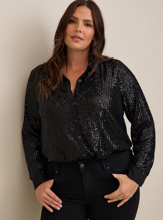 Madison Sequin Button-Front Long Sleeve Shirt Product Image