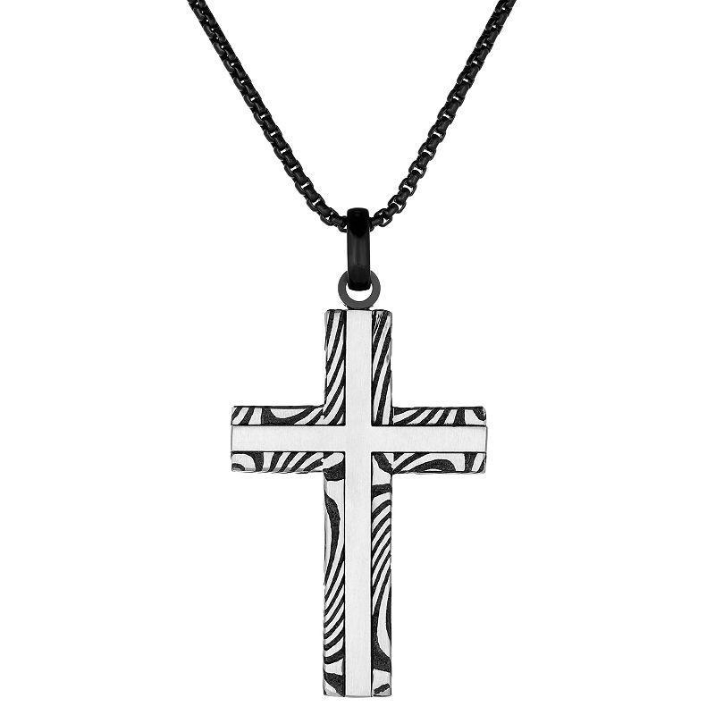 Mens LYNX Damascus Steel Striped Cross Pendant Necklace Silver Product Image