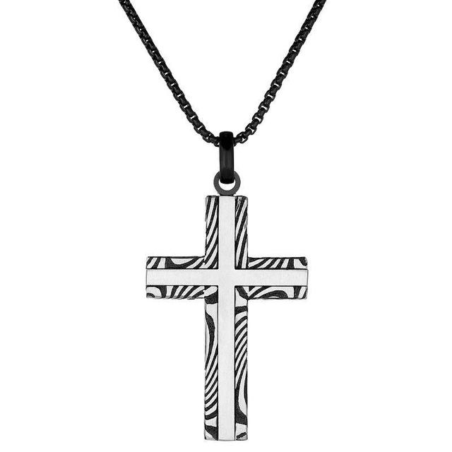 Mens LYNX Damascus Steel Striped Cross Pendant Necklace Silver Product Image