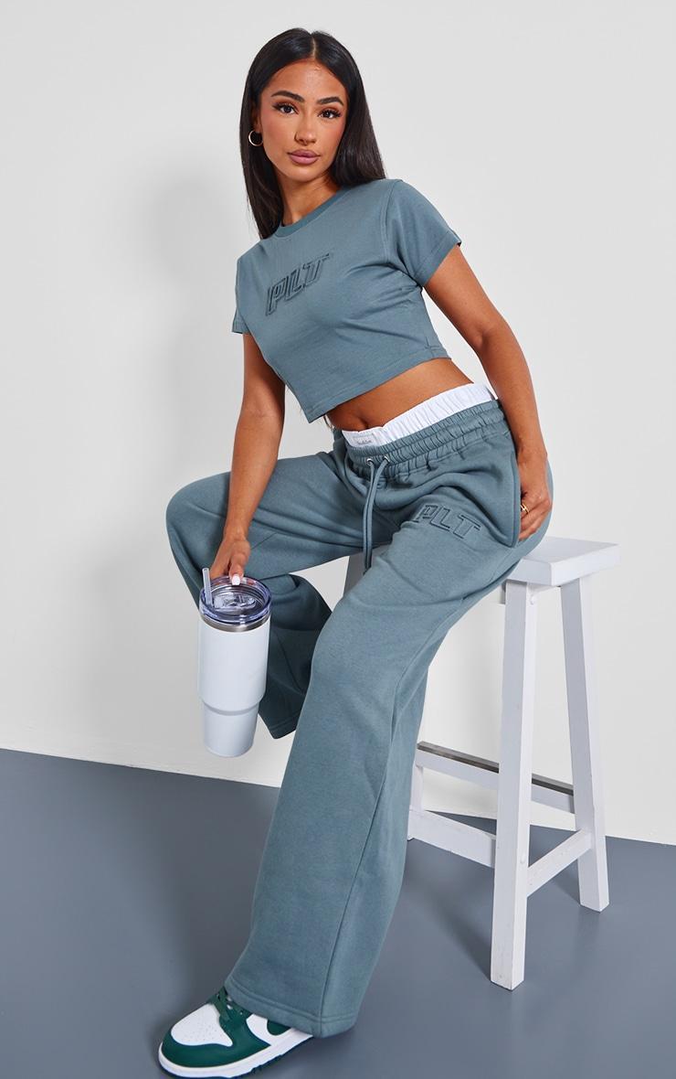 Petite Teal Plt Embossed Wide Leg Joggers Product Image