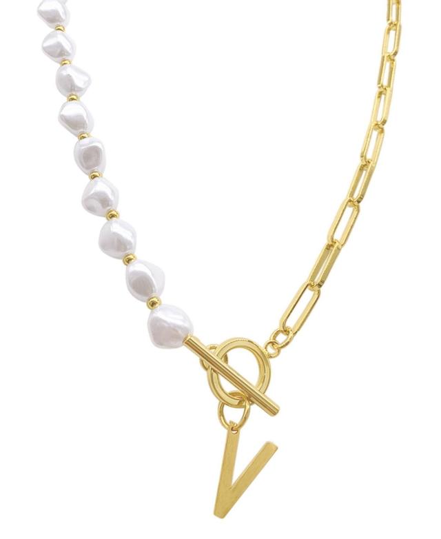 Adornia Simulated Pearl & Paperclip Chain Initial Toggle Necklace, Womens, Gold Product Image