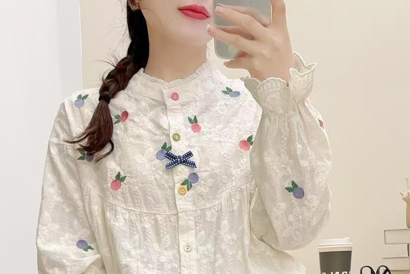 Long Sleeve Band Collar Flower Embroidered Blouse Product Image