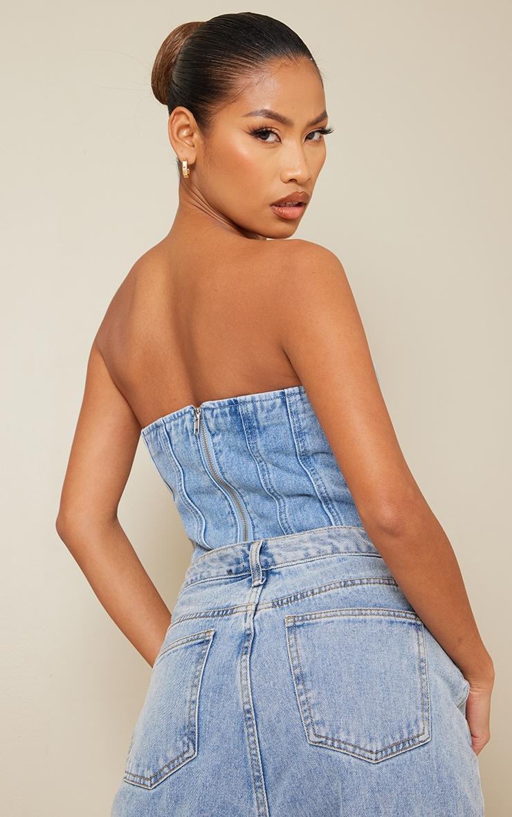  Acid Blue Wash Seam Detail Denim Corset Top Product Image