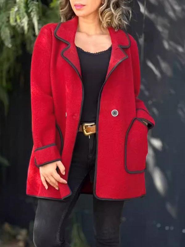 Long Sleeves Loose Buttoned Pockets Split-Joint Notched Collar Woolen Coat Product Image