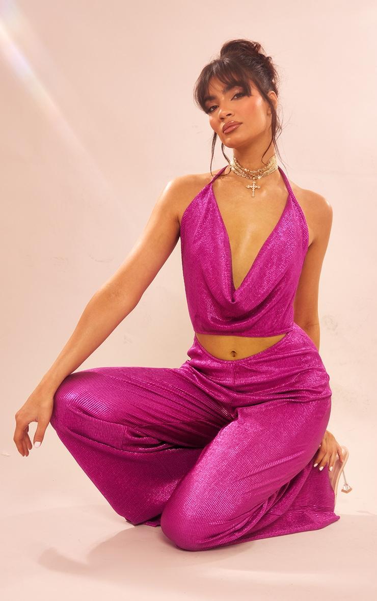 Pink Glitter Plisse Halterneck Cowl Cut Out Wide Leg Jumpsuit Product Image