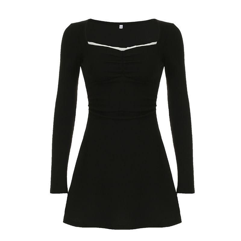 Long-Sleeve Lace Trim Mini A-Line Dress Product Image