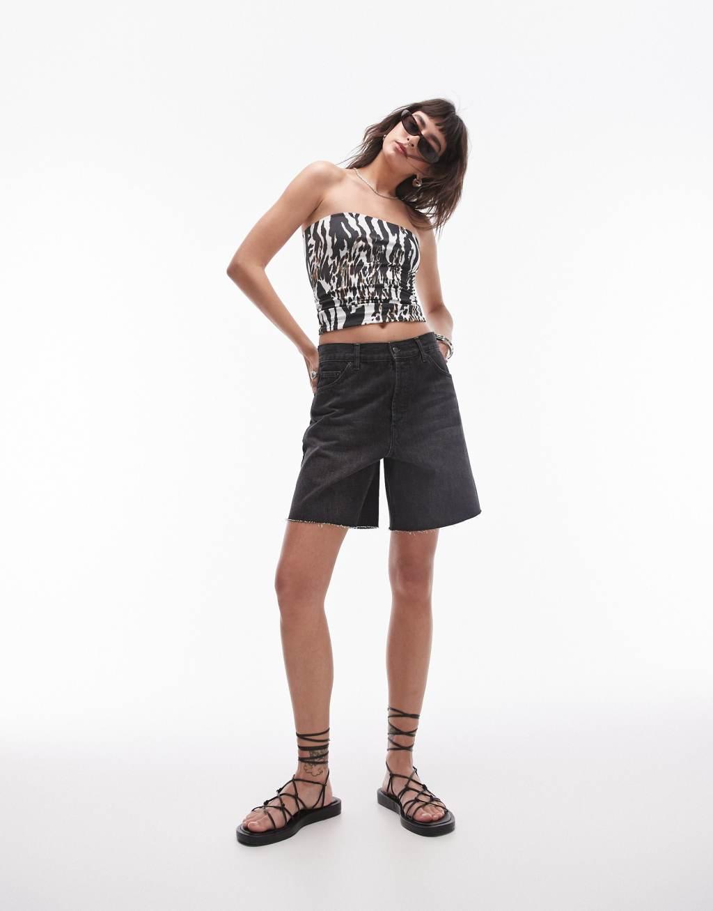 Topshop mixed animal print bandeau top in black and white Product Image