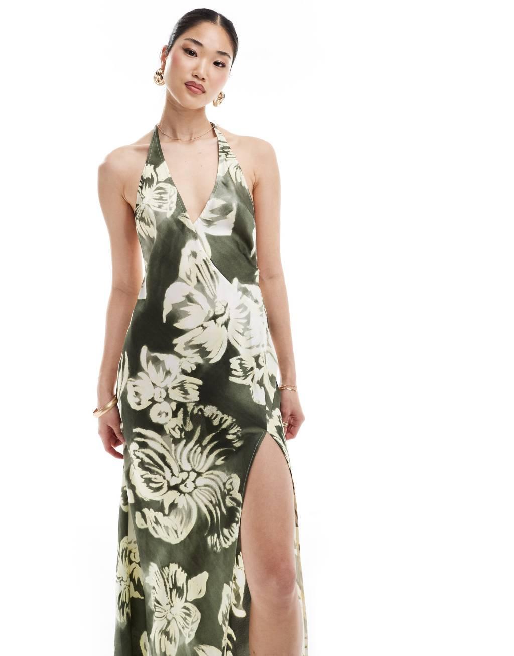 ASOS DESIGN satin plunge front strappy back maxi dress with thigh split in overscale floral  Product Image