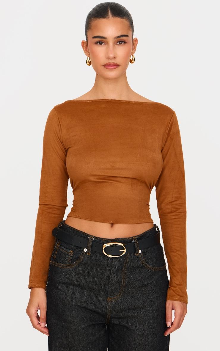 Tan Faux Suede Boatneck Long Sleeve Top Product Image