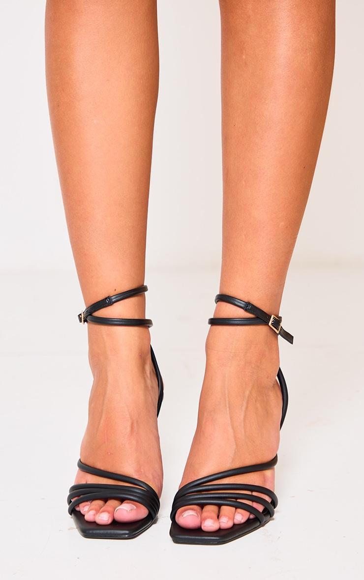 Black PU Square Toe Asymmetric Tube Strap  Heeled Sandals Product Image