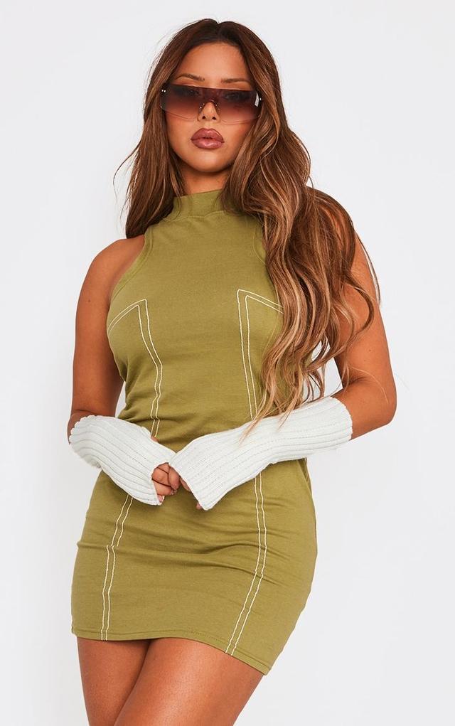 Khaki Acid Wash Contrast Stitch Bodycon Dress Product Image