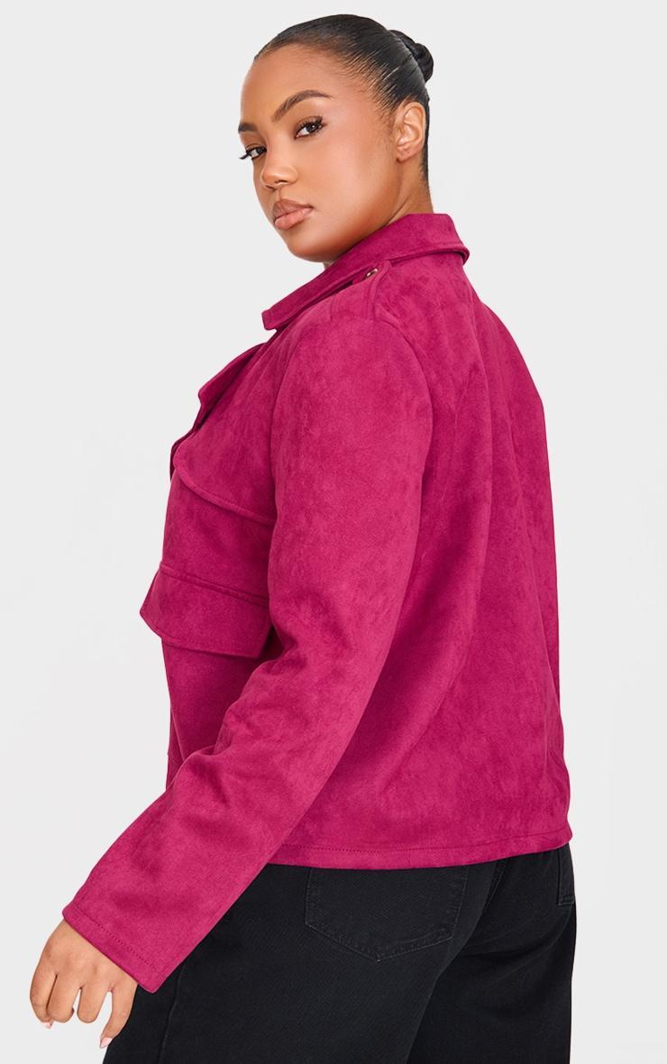 Plus Burgundy Pocket Detail Faux Suede Cropped Trench Coat Product Image