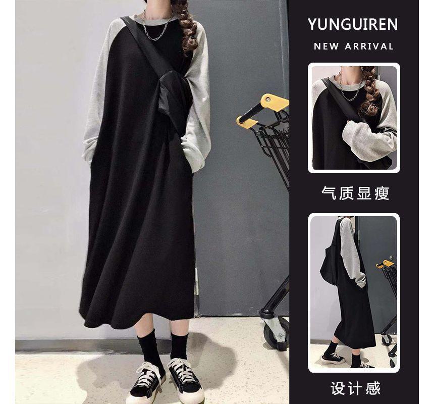 Maternity Long-Sleeve Crew Neck Raglan Midi T-Shirt Dress Product Image