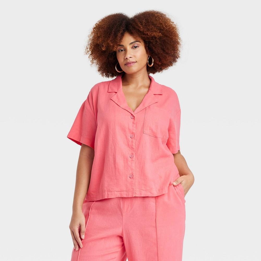 Womens Linen Short Sleeve Button-Down Camp Shirt - A New Day 1X Product Image