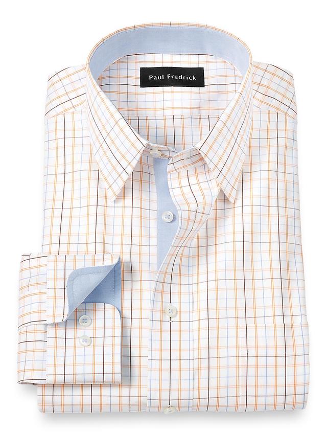 Non-Iron Cotton Tattersall Dress Shirt With Contrast Trim - Blue/melon Product Image