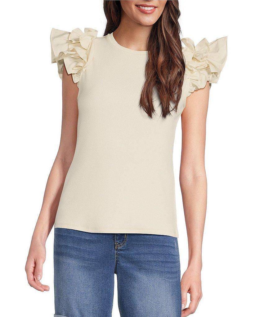 Gibson & Latimer Ribbed Knit Crew Neck Contrasting Poplin Ruffled Short Sleeve Top Product Image