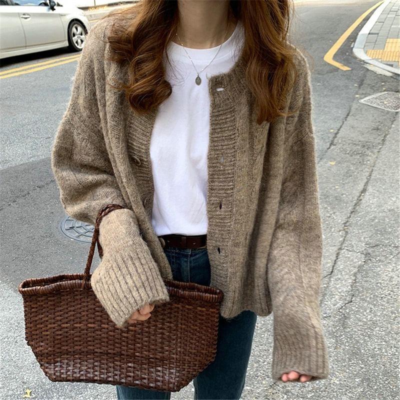 Round Neck Plain Cable-Knit Cardigan Product Image