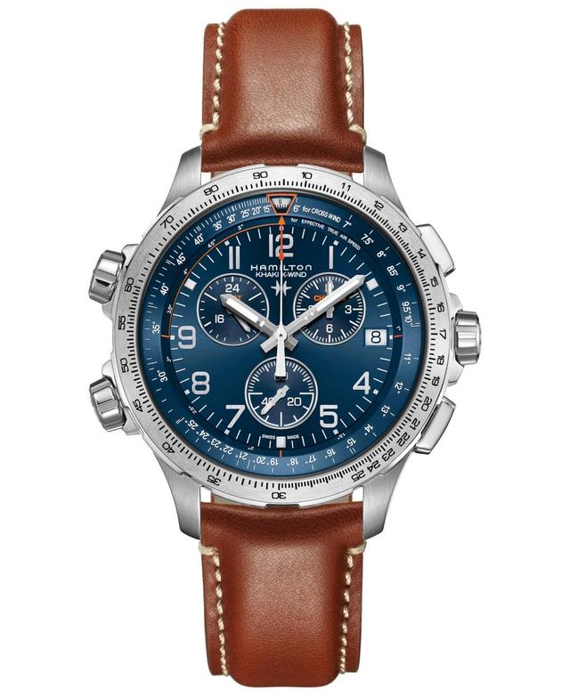 Hamilton Mens Swiss Chronograph Khaki X-Wind Gmt Brown Leather Strap Watch 46mm Product Image