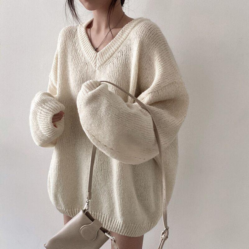 V-Neck Drop-Shoulder Plain Sweater Product Image