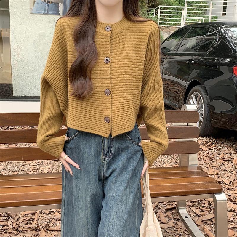 Crew Neck Plain Button-Up Crop Cardigan Product Image