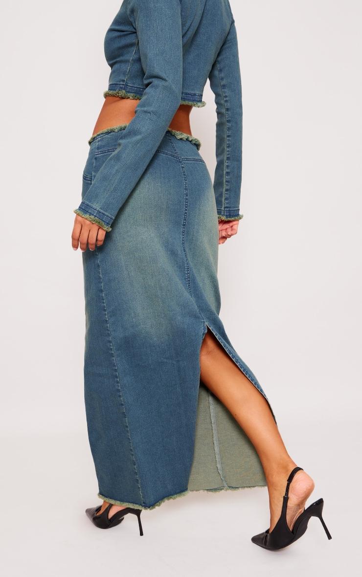 Indigo Blue Wash Raw Hem Denim Maxi Skirt Product Image