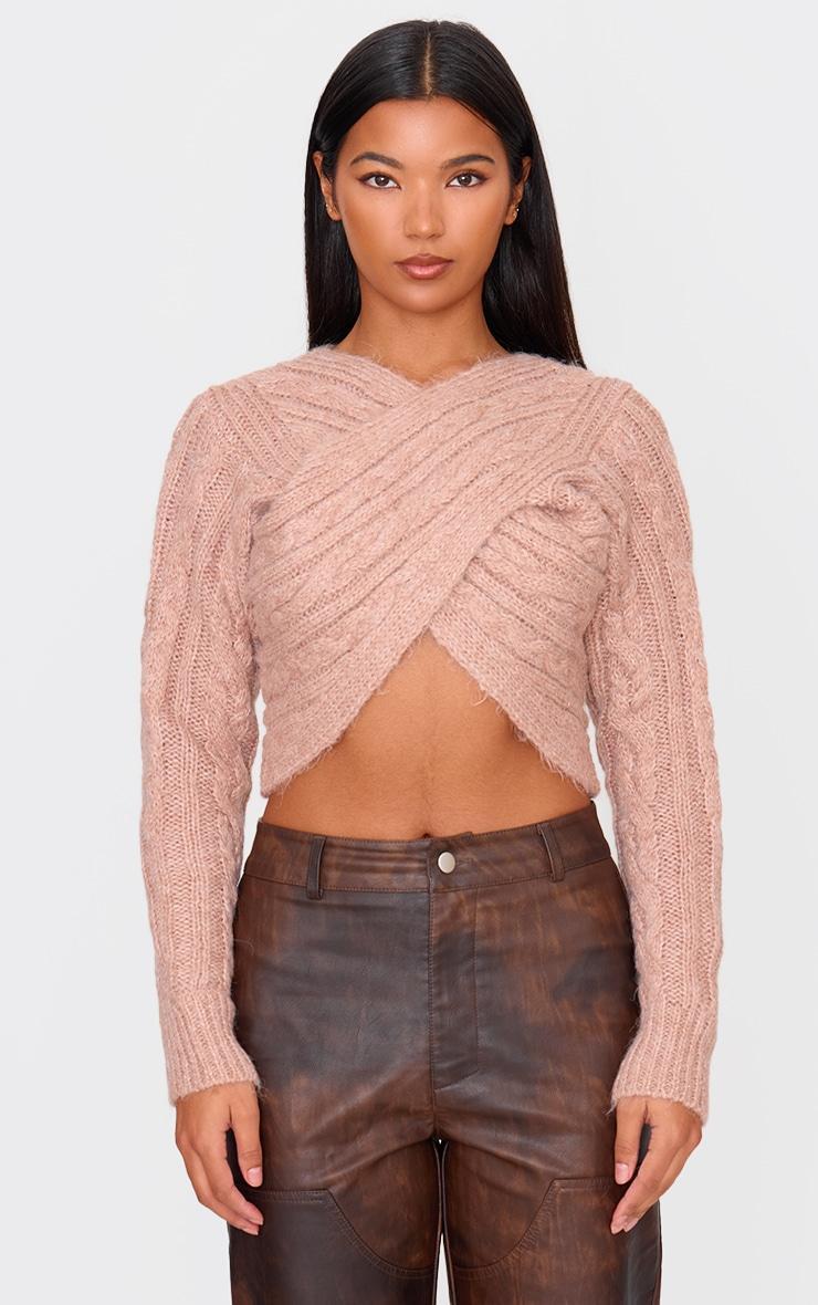 Brown Cable Knitted Wrap Front Cropped Sweater Product Image