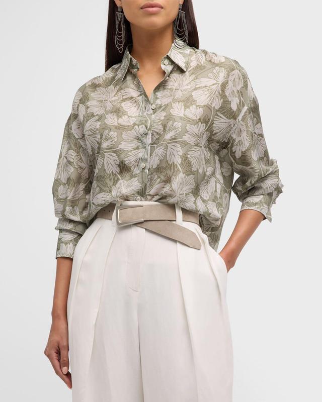 Womens Silk Ginkgo Print Pongee Shirt With Monili Product Image