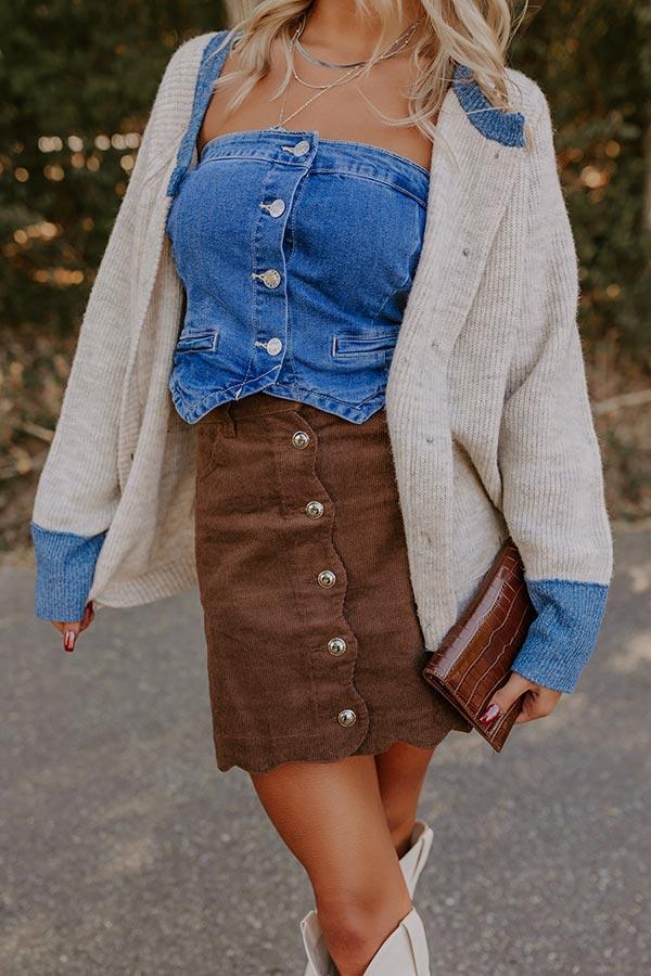 The Sienna High Waist Corduroy Mini Skirt in Chocolate Product Image