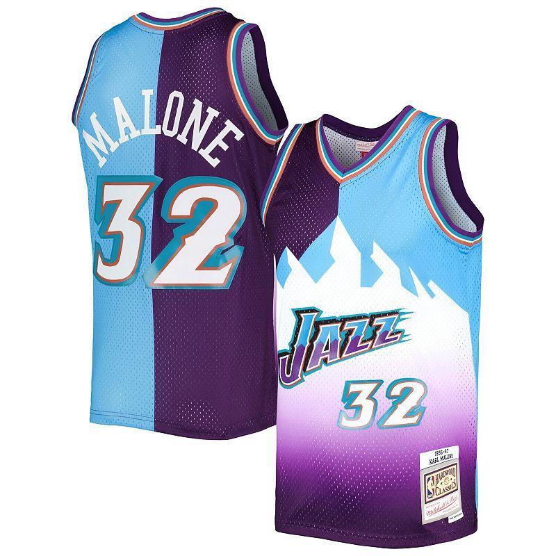 Mens Mitchell & Ness Karl Malone Purple/Turquoise Utah Jazz Hardwood Classics 1996-97 Split Swingman Jersey Product Image