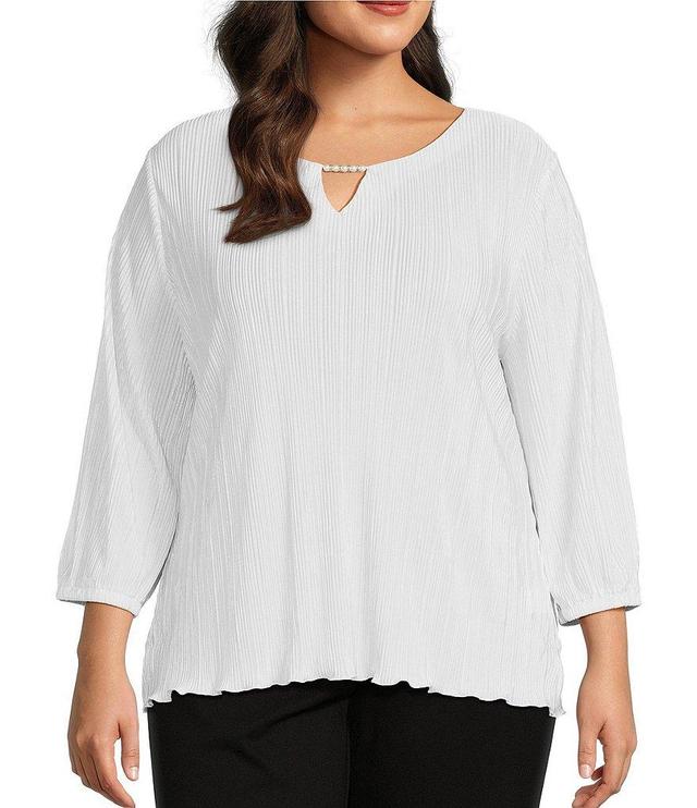 Allison Daley Plus Size 3/4 Sleeve Keyhole Neck Pearl Chain Pleated Knit Top Product Image