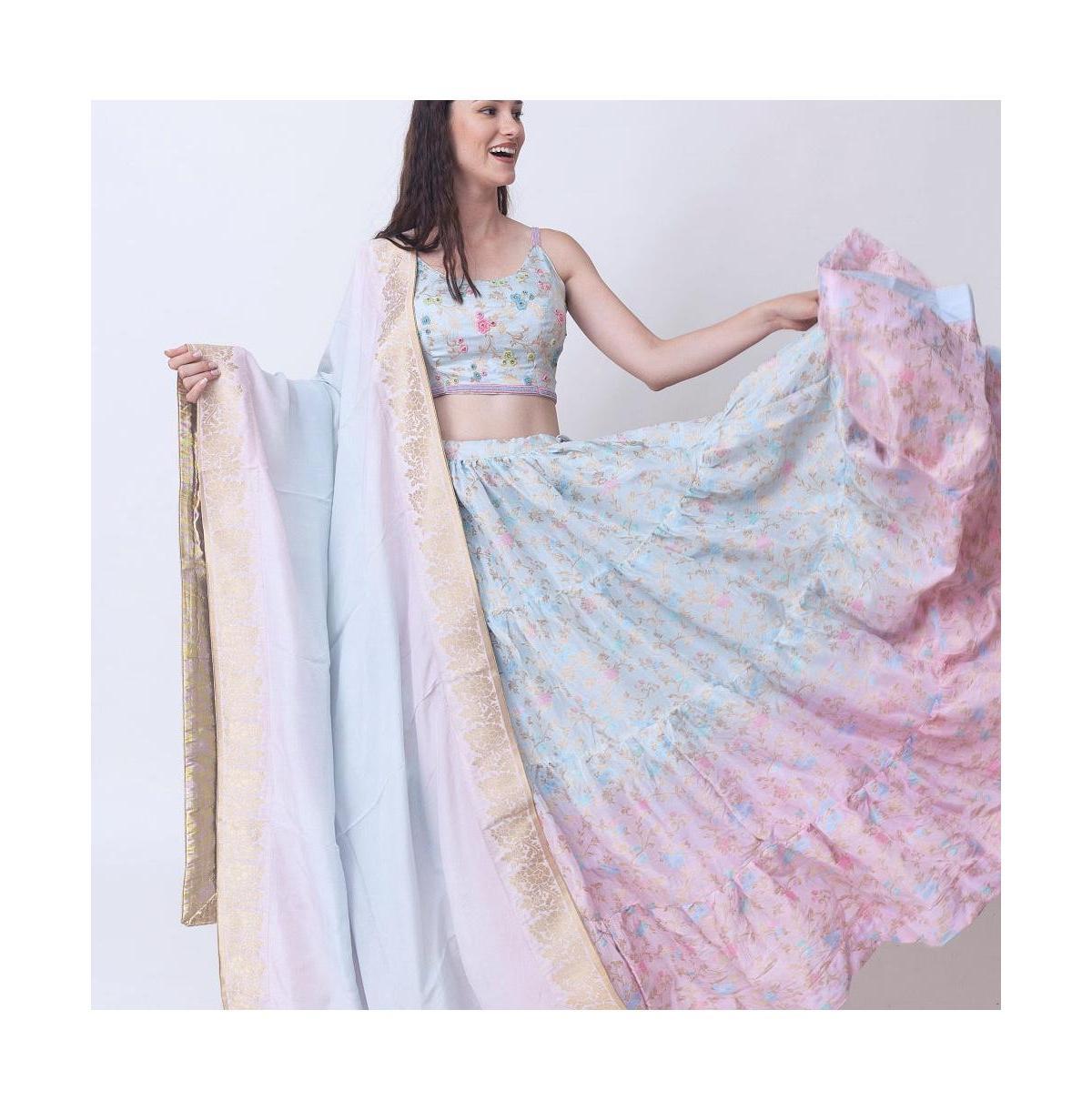 Raas Womens Pastel Floral Jacquard Silk Crop Top with Beadwork and Tiered Skirt Set with Dupatta product image