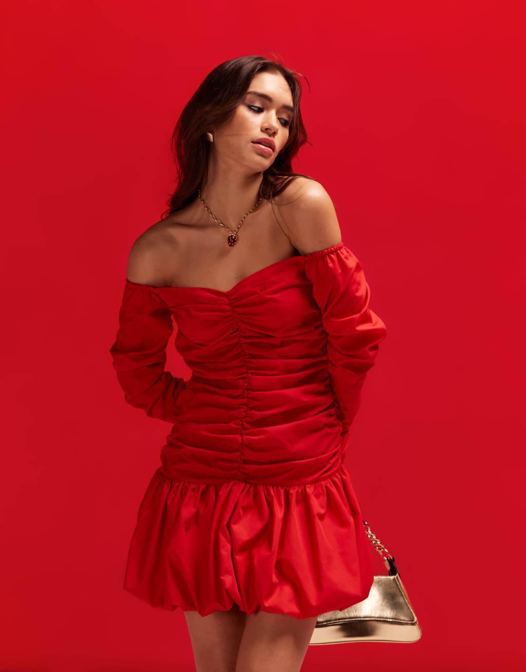 ASOS DESIGN off-the-shoulder ruched bodice mini dress with puffball skirt in red Product Image