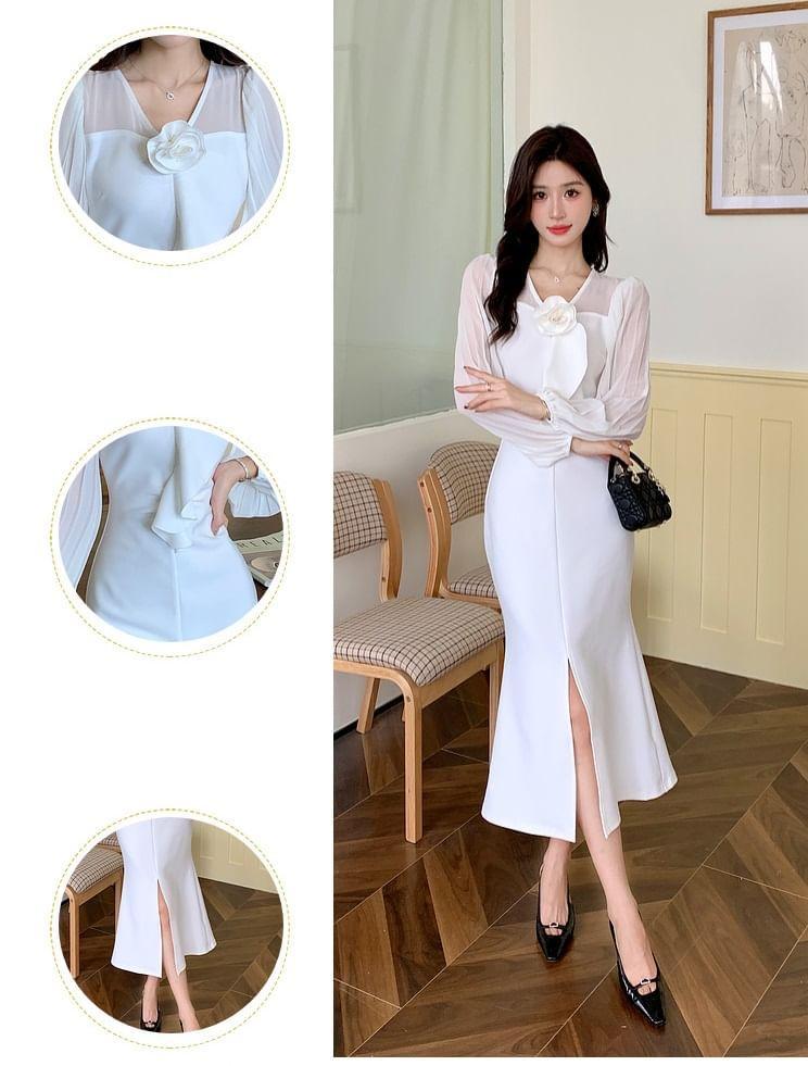 Long-Sleeve V-Neck Plain Flower Accent Slit Midi Sheath Dress Product Image