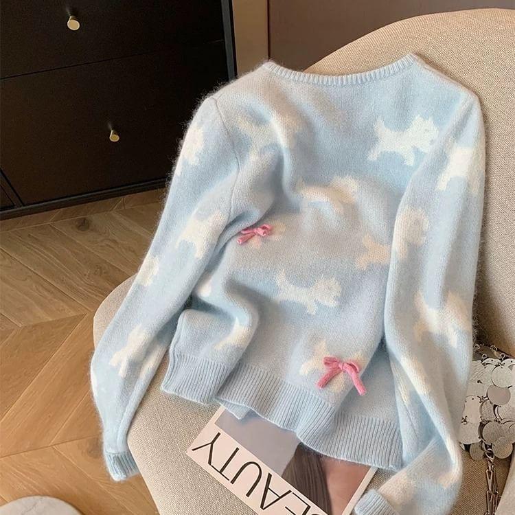 Crew Neck Dog Patterned Bow Sweater Product Image