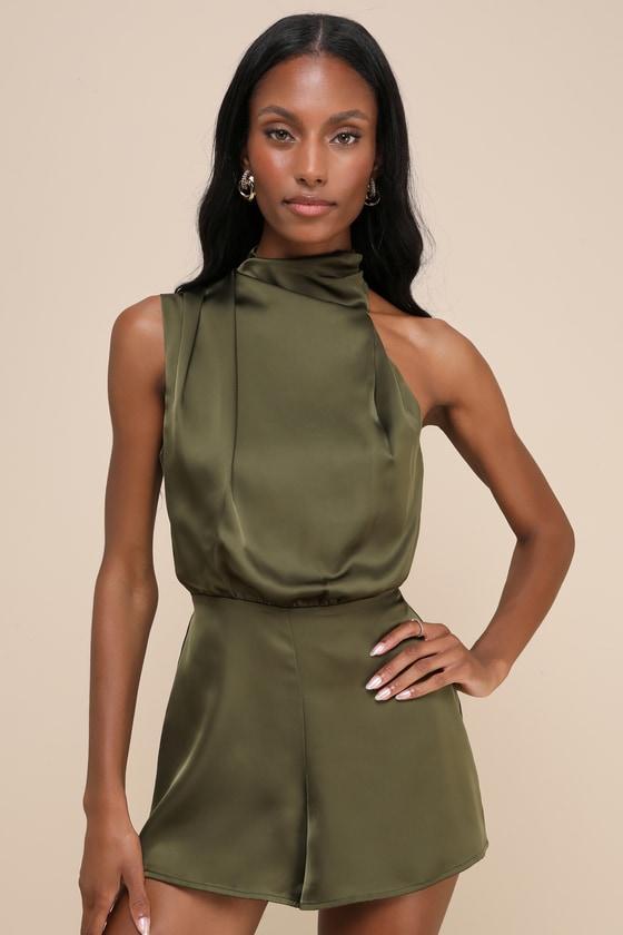 Advantageous Perfection Olive Green Satin Asymmetrical Romper Product Image