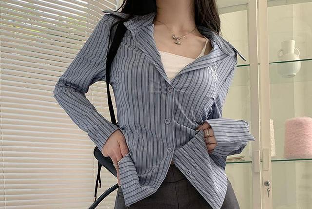 Long-Sleeve Collared Pinstriped Embroidered Shirt / Pointed Hem Mini Skirt / Plain Padded Cami Top Product Image