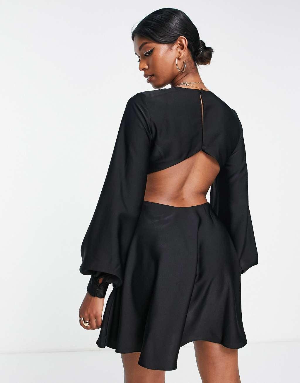 ASOS DESIGN bias cut satin mini dress with cut out waist detail in black Product Image